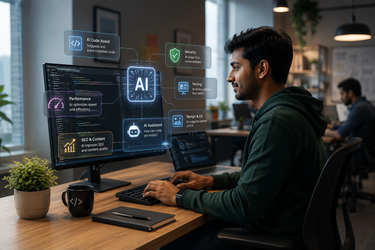Split illustration showing a traditional slow development timeline on one side and a fast AI-assisted timeline on the other, with a developer reviewing code in the middle